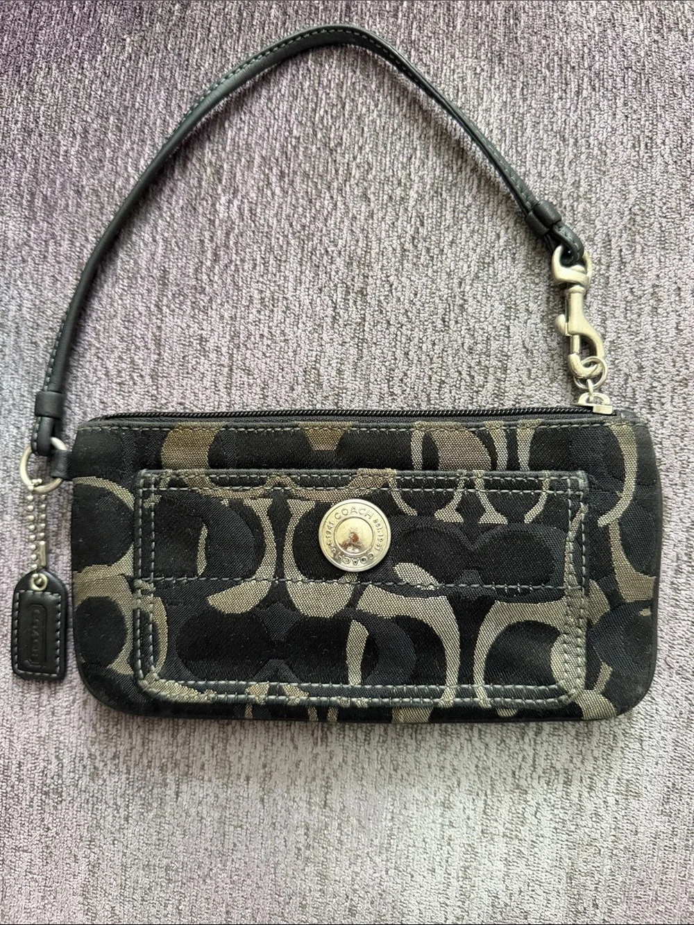 Coach Black and Taupe Signature Canvas Wristlet